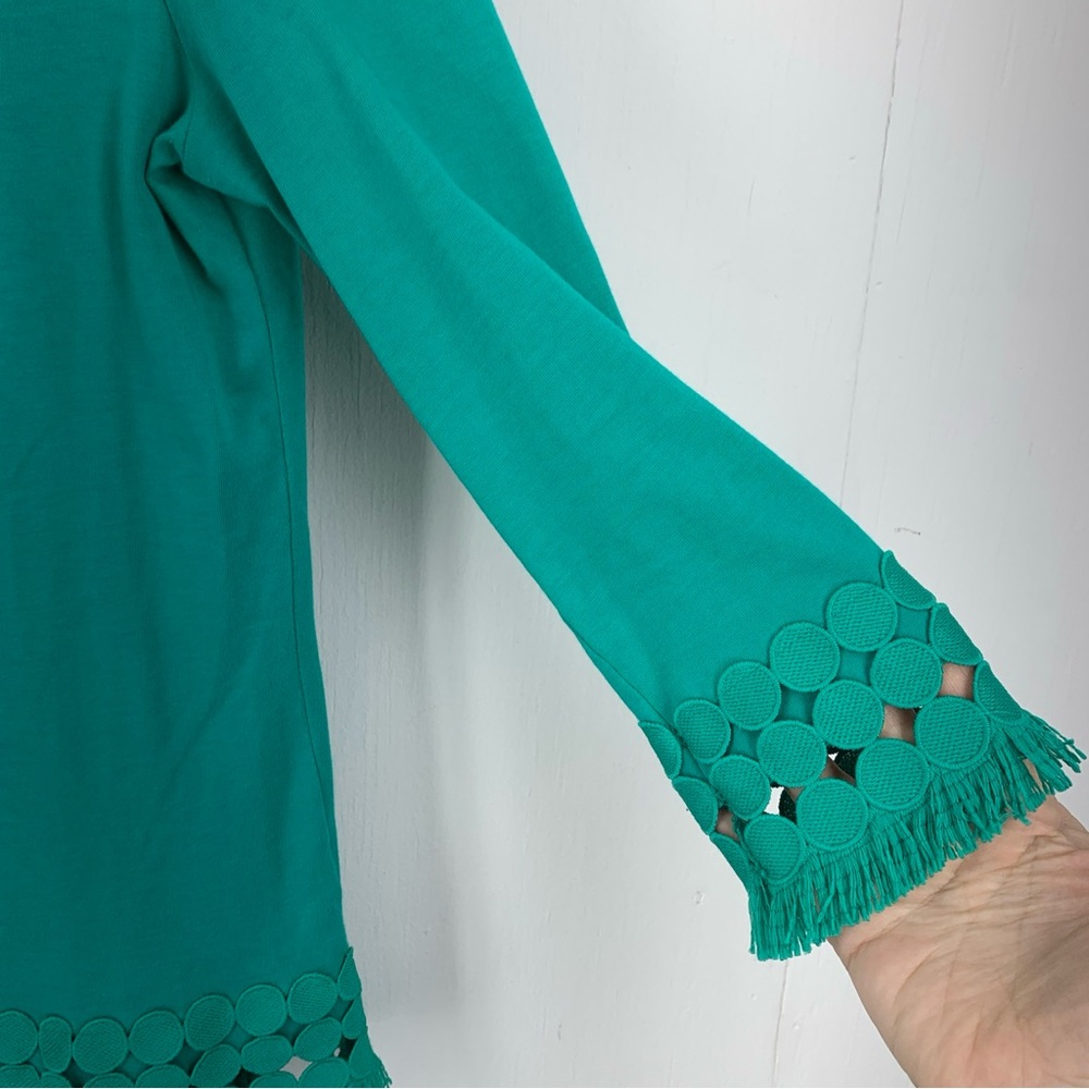 Talbots XS Tunic Top Boat Neck Green Pima Cotton Embroidered Medallion Fringe - Picture 7 of 12